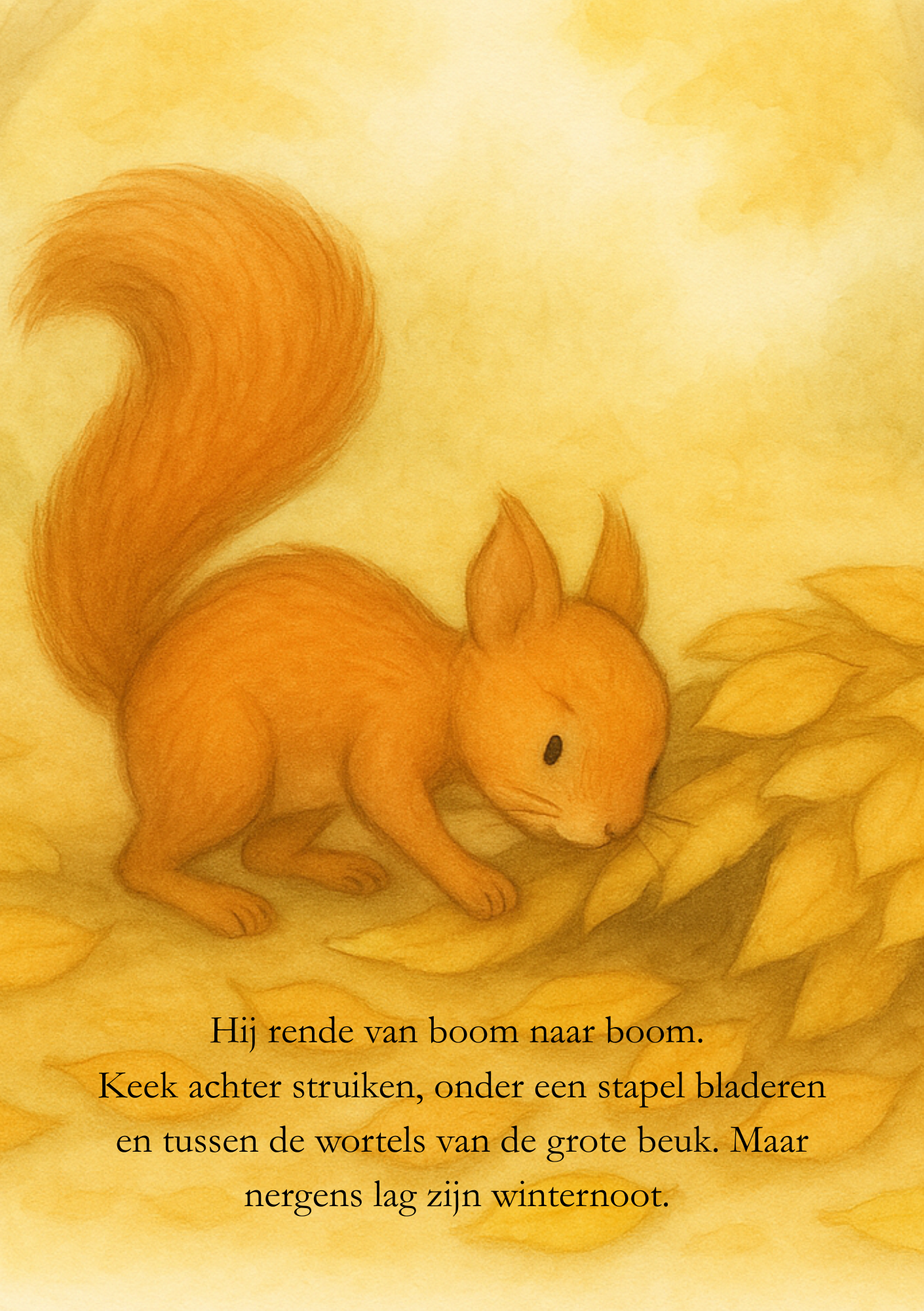 Eekhoorn zoekt naar zijn winternoot onder bladeren in het herfstbos.