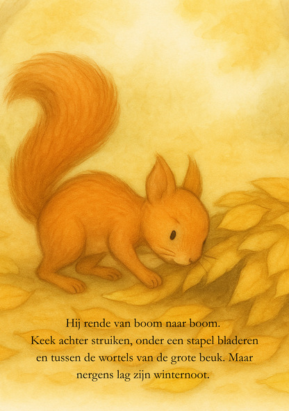 Eekhoorn zoekt naar zijn winternoot onder bladeren in het herfstbos.