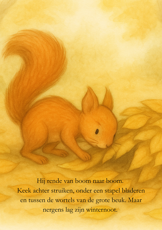 Eekhoorn zoekt naar zijn winternoot onder bladeren in het herfstbos.