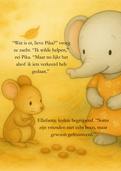 Ellafantje troost Pika, met herfstbladeren op de grond.