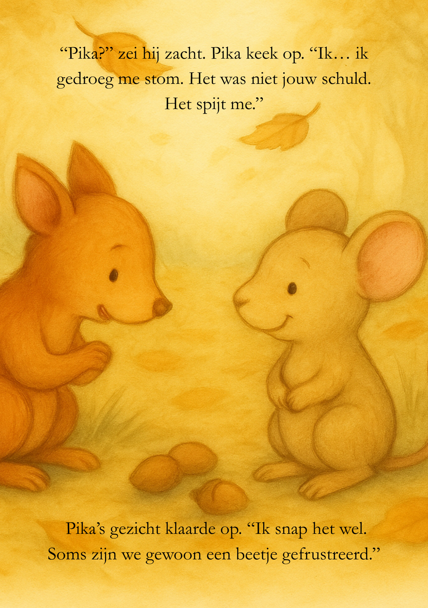 Eekhoorn zegt sorry tegen Pika terwijl ze samen praten tussen de herfstbladeren.