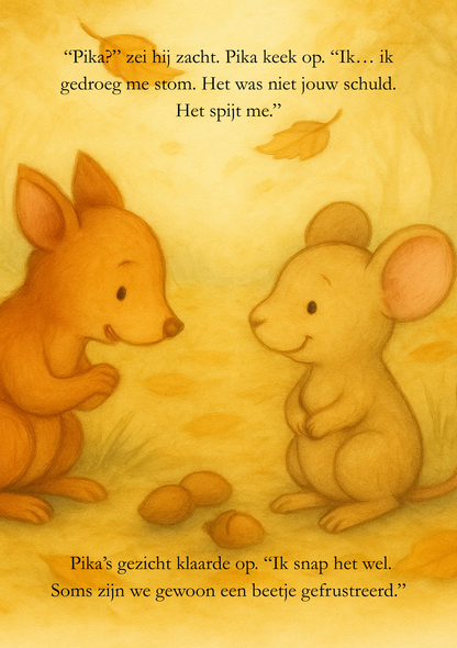 Eekhoorn zegt sorry tegen Pika terwijl ze samen praten tussen de herfstbladeren.